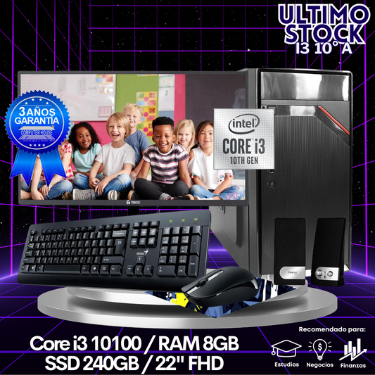 Ultimo Stock: Desktop Core i3-10105 "A", RAM 8GB, SSD 240GB, Monitor 22″ FHD, Kit Teclado + Mouse, Parlantes.