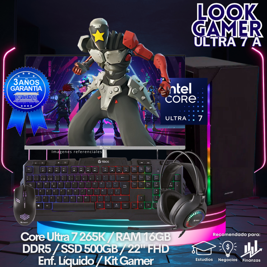 LOOK GAMER Core Ultra 7-265K "A", RAM 16GB DDR5, SSD 500GB, Enfriamiento Líquido, Monitor 22″ FHD, Kit Gamer.