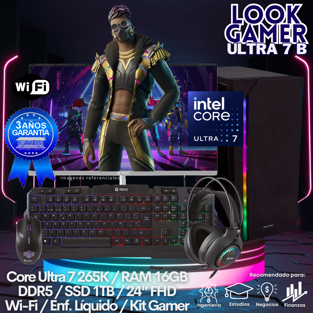 LOOK GAMER Core Ultra 7-265K "B", RAM 16GB DDR5, SSD 1TB, Wi-Fi, Enfriamiento Líquido, Monitor 24″ FHD, Kit Gamer.