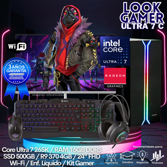 LOOK GAMER Core Ultra 7-265K "C", RAM 16GB DDR5, SSD 500GB, Video R9 370 4GB, Wi-Fi, Enfriamiento Líquido, Monitor 24″ FHD, Kit Gamer.