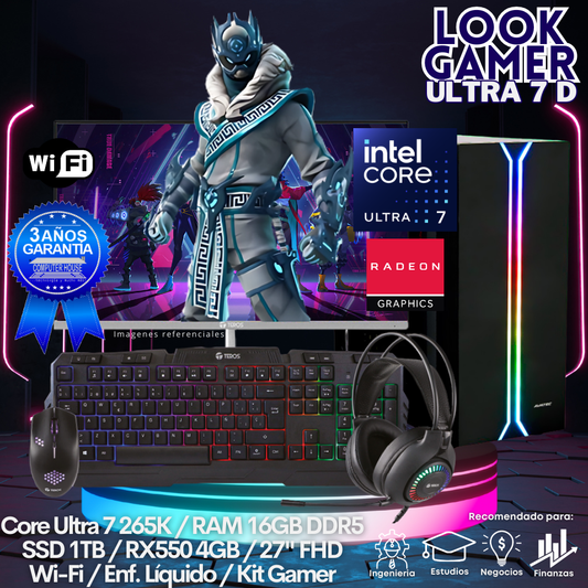 LOOK GAMER Core Ultra 7-265K "D", RAM 16GB DDR5, SSD 1TB, Video RX550 4GB, Wi-Fi, Enfriamiento Líquido, Monitor 27″ FHD, Kit Gamer.