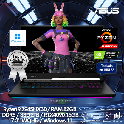 Laptop ASUS RogStrix Scar 17, Ryzen 9-7945HX3D, RAM 32GB DDR5, SSD 2TB, Video RTX4090 16GB, 17.3" WQHD, Teclado en Inglés, Windows 11.