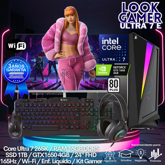 LOOK GAMER Core Ultra 7-265K "E", RAM 16GB DDR5, SSD 1TB, Video GTX1650 4GB, Wi-Fi, Enfriamiento Líquido, Monitor 24″ FHD 165Hz, Kit Gamer.