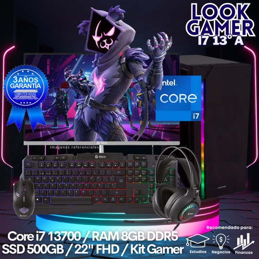 LOOK GAMER Core i7-13700 "A", RAM 8GB DDR5, SSD 500GB, Monitor 22″ FHD, Kit Gamer.