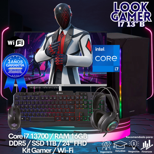 LOOK GAMER Core i7-13700 "B", RAM 16GB DDR5, SSD 1TB, Wi-Fi, Monitor 24″ FHD, Kit Gamer.