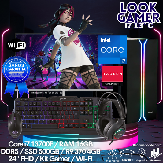 LOOK GAMER Core i7-13700F "C", RAM 16GB DDR5, SSD 500GB, Video R9 370 4GB, Wi-Fi, Monitor 24″ FHD, Kit Gamer.