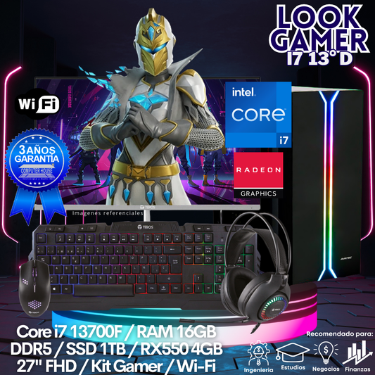 LOOK GAMER Core i7-13700F "D", RAM 16GB DDR5, SSD 1TB, Video RX550 4GB, Wi-Fi, Monitor 27″ FHD, Kit Gamer.