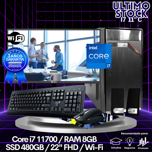 Ultimo Stock: Desktop Core i7-11700 "C", RAM 8GB, SSD 480GB, Monitor 22″ FHD, Kit Teclado + Mouse, Parlantes.