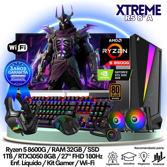 XTREME Ryzen 5-8600G "A", RAM 32GB, SSD 1TB, Video RTX3050 8GB, Wi-Fi, Enfriamiento Líquido, Monitor 27″ FHD 180Hz + Kit Gamer.