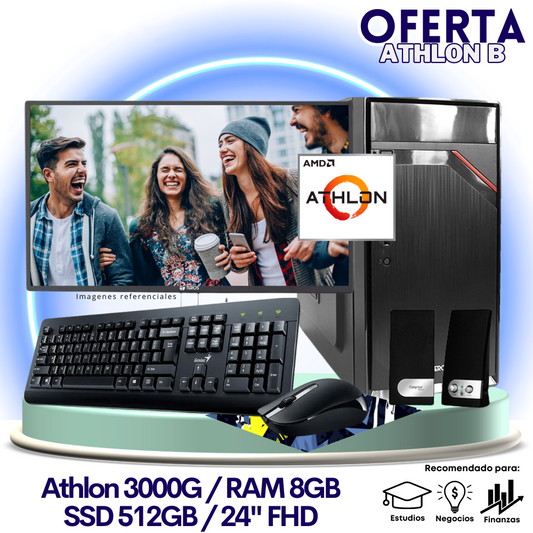 OFERTA TRABAJO & ESTUDIOS: Athlon 3000G "B", RAM 8GB, SSD 512GB, Monitor 23.8″ FHD, Teclado + Mouse + Parlantes.