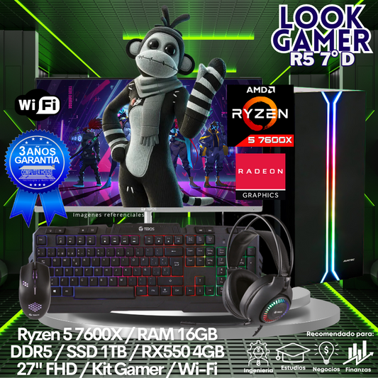 LOOK GAMER Ryzen 5-7600X "D", RAM 16GB DDR5, SSD 1TB, Video RX550 4GB, Wi-Fi, Enfriamiento Líquido, Monitor 27″ FHD, Kit Gamer.