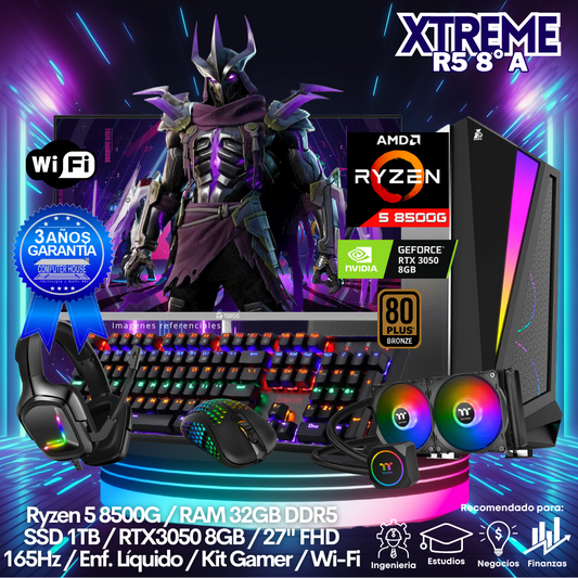 XTREME Ryzen 5-8600G "A", RAM 32GB DDR5, SSD 1TB, Video RTX3050 8GB, Wi-Fi, Enfriamiento Líquido, Monitor 27″ FHD 165Hz, Kit Gamer.