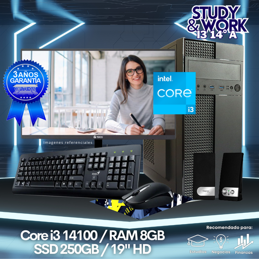 Desktop Core i3-14100 "A", RAM 8GB DDR5, SSD 250GB, Monitor 22″ FHD, Kit Teclado + Mouse, Parlantes o Audífono.