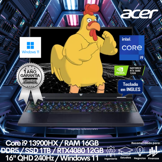 Laptop ACER Predator, Core i9-13900HX, RAM 16GB DDR5, SSD 1TB, Video RTX4080 12GB, 16″ QHD 240Hz, Teclado en Inglés, Windows 11.