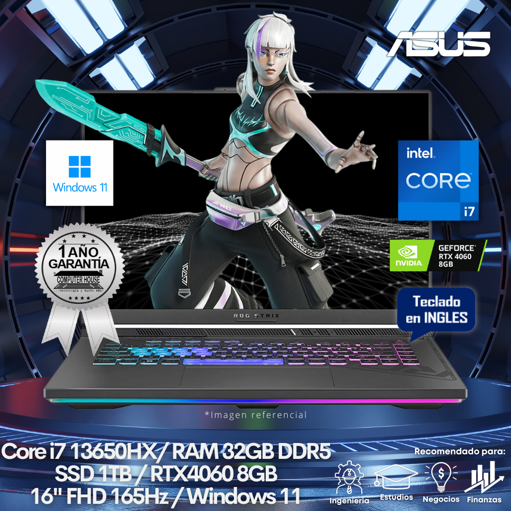 Laptop ASUS StrixScar G614JV, Core i7-13650HX, RAM 32GB DDR5, SSD 1TB, Video RTX4060 8GB, 16" FHD 165Hz, Teclado en Inglés, Windows 11.