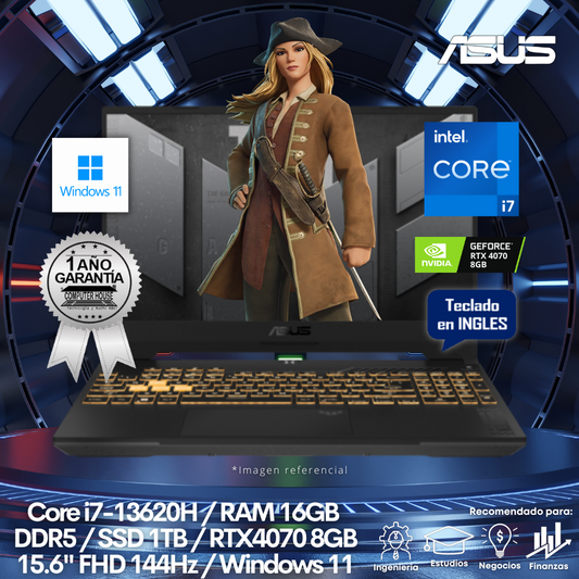 Laptop ASUS Tuf FX507VI, Core i7-13620H, RAM 16GB DDR5, SSD 1TB, Video RTX4070 8GB, 15.6" FHD 144Hz, Teclado en Inglés, Windows 11.