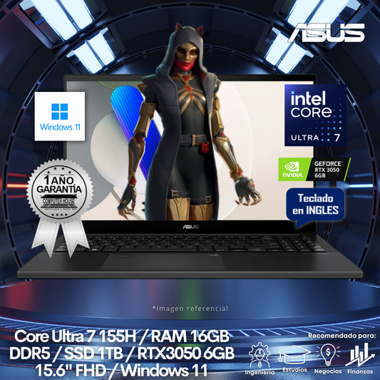 Laptop ASUS VivoBook Pro 15, Core Ultra 7-155H, RAM 16GB DDR5, SSD 1TB, Video RTX3050 6GB, 15.6" FHD, Teclado en Inglés, Windows 11.