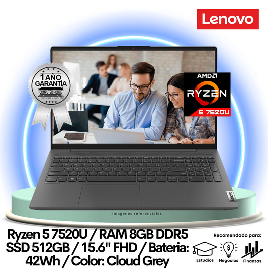Laptop LENOVO IdeaPad 1, Ryzen 5-7520U, RAM 8GB DDR5, SSD 512GB, 15.6″ FHD, FreeDos.