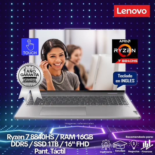 Laptop LENOVO Yoga 7, Ryzen 7-8840HS, RAM 16GB DDR5, SSD 1TB, 16" FHD, Pantalla Táctil, Teclado en Inglés, FreeDos.