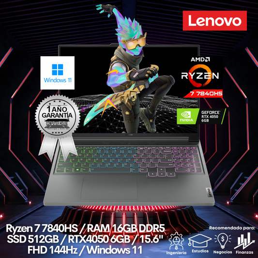 Laptop LENOVO LOQ 15APH8, Ryzen 7-7840HS, RAM 16GB DDR5, SSD 512GB, 15.6" FHD 144Hz, Video RTX4050 6GB, Windows 11.