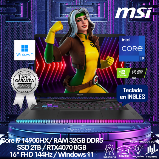 Laptop MSI Raider GE68HX, Core i9-14900HX, RAM 32GB DDR5, SSD 2TB, Video RTX4070 8GB, 16″ FHD 144Hz, Teclado en Inglés, Windows 11.