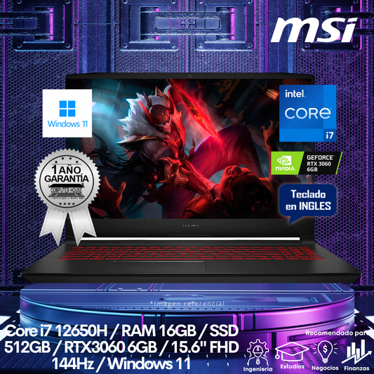 Laptop MSI Katana GF66, Core I7-12650H, RAM 16GB, SSD 512GB, 15.6″ FHD 144HZ, Video RTX 3060 6GB, Teclado en Inglés, Windows 11