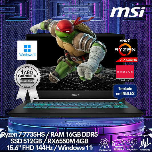 Laptop MSI Bravo, Ryzen 7-7735HS, RAM 16GB DDR5, SSD 512GB, 15.6" FHD 144Hz, Video RX 6550M 4GB, Teclado en Inglés, Windows 11.