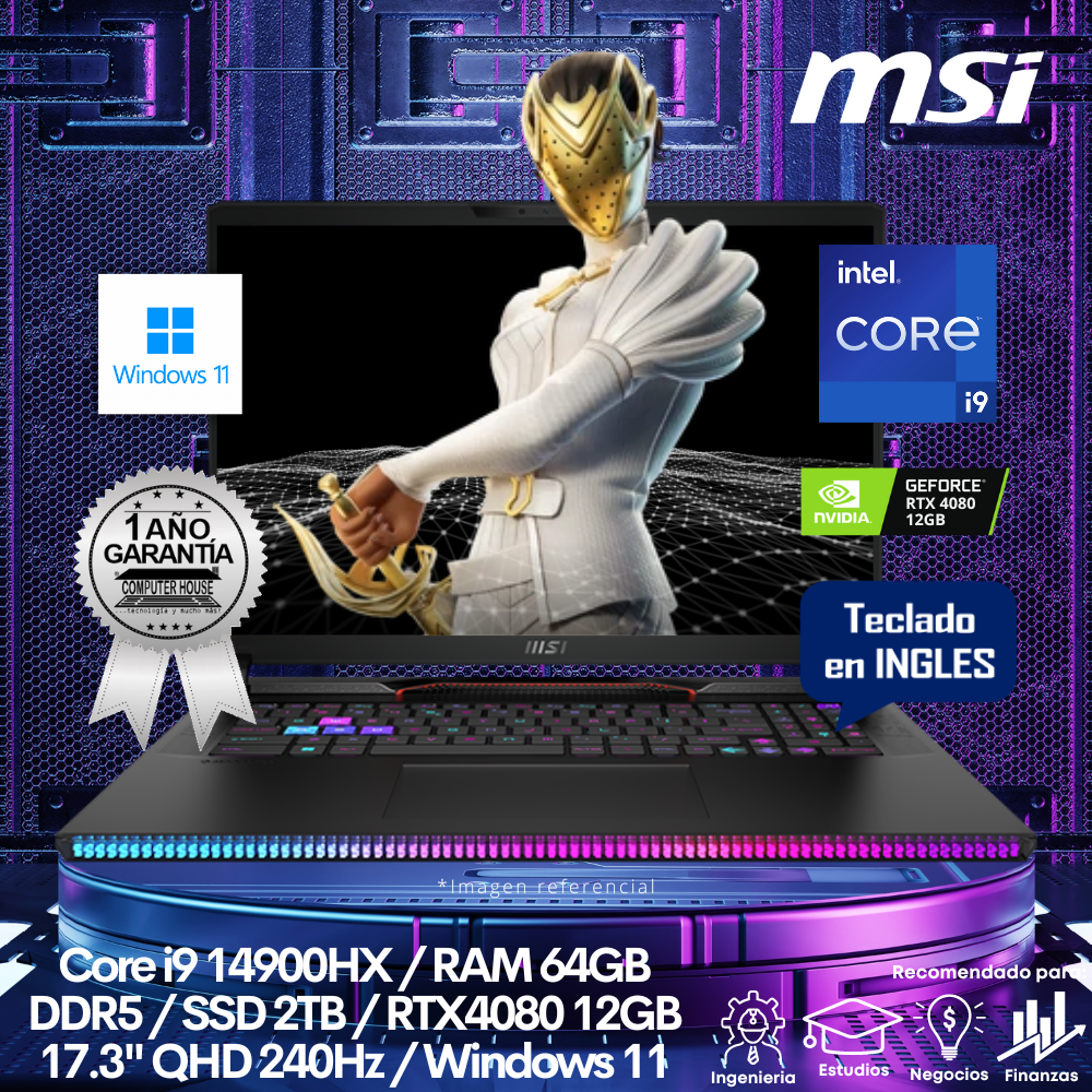 Laptop MSI Raider GE78HX, Core i9-14900HX, RAM 64GB, SSD 2TB, Video RTX4080 12GB, 17″ QHD 240Hz, Teclado en Inglés, Windows 11.