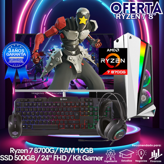 OFERTA: Look Gamer Ryzen 7-8700G, RAM 16GB DDR5, SSD 500GB, Monitor 24″ FHD, Kit Gamer.