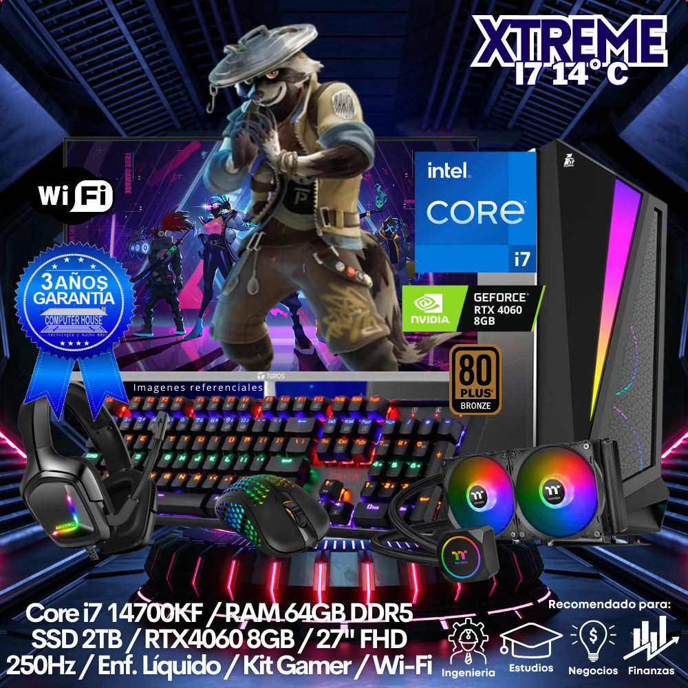 XTREME Core i7-14700KF "C", RAM 64GB DDR5, SSD 2TB, Video RTX4060 8GB, Wi-Fi, Enfriamiento Líquido, Monitor 27″ FHD 250Hz, Kit Gamer.