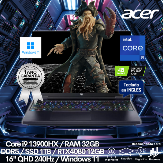 Laptop ACER Predator Helios 16, Core i9-13900HX, RAM 32GB DDR5, SSD 1TB, Video RTX4080 12GB, 16" QHD 240Hz, Teclado en Inglés, Windows 11.