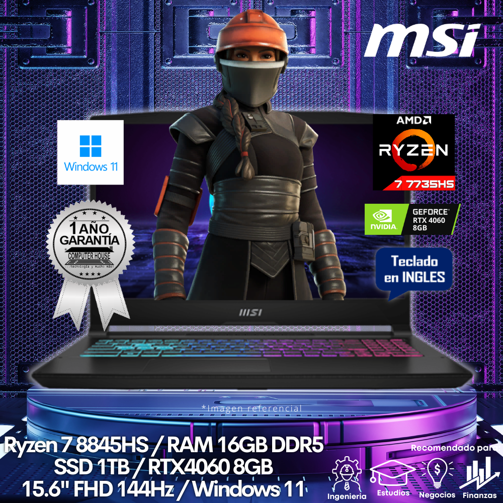 Laptop MSI Katana, Ryzen 7-8845HS, RAM 16GB DDR5, SSD 1TB, RTX4060 8GB, 15.6" FHD 144Hz, Teclado en Inglés, Windows 11.