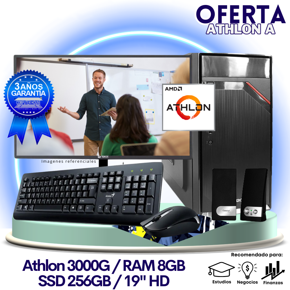 OFERTA TRABAJO & ESTUDIOS: Athlon 3000G "A", RAM 8GB, SSD 256GB, Monitor 19″ HD, Teclado + Mouse + Parlantes.