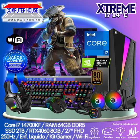 XTREME Core i7-14700KF "C", RAM 64GB DDR5, SSD 2TB, Video RTX4060 8GB, Wi-Fi, Enfriamiento Líquido, Monitor 27″ FHD 250Hz, Kit Gamer.